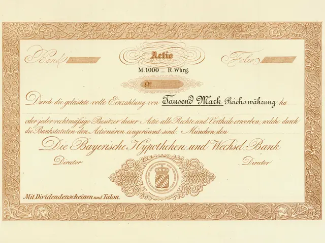 The image shows an old stock certificate with a gold border and a picture of a man on it. The...