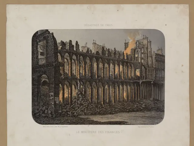 The image shows an old photo of the ruins of a building in Paris, France, with the sky in the...