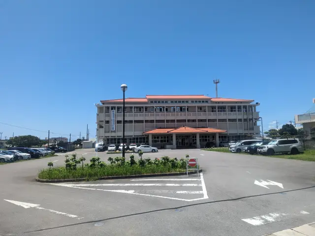 The image shows a large building with a parking lot in front of it, surrounded by street poles,...