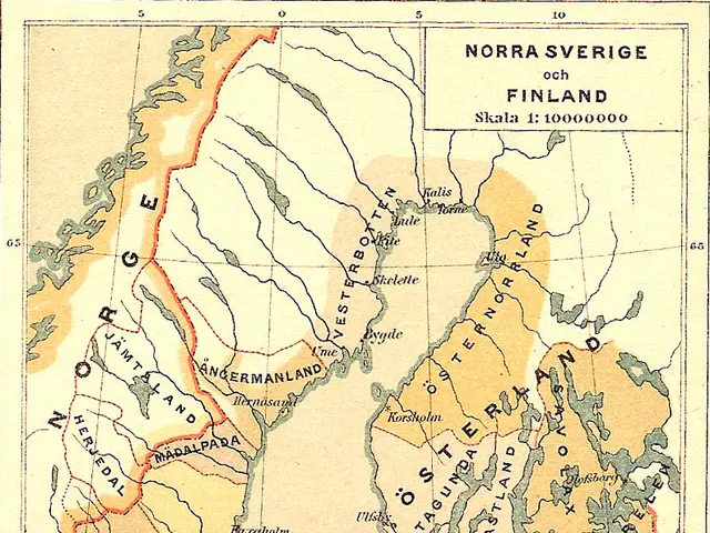 The image shows a poster with a map of Norway and Finland, with text written on it. The map is...