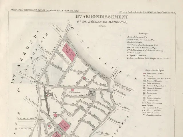 The image shows an old map of the city of Paris, with a building in the center. The map is...