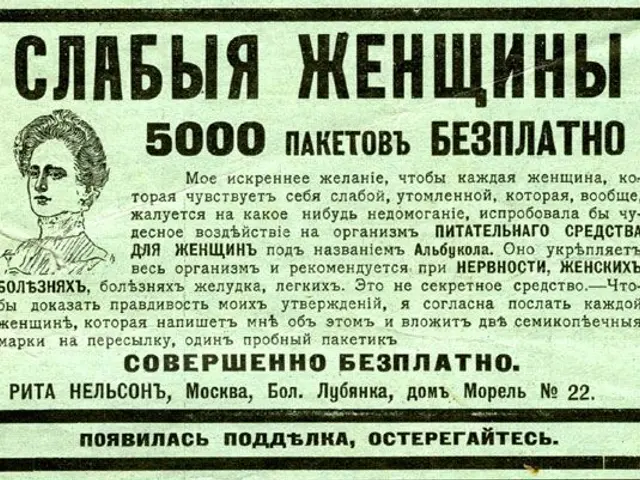 The image shows an old advertisement for a Russian banknote with a picture of a woman's face and...