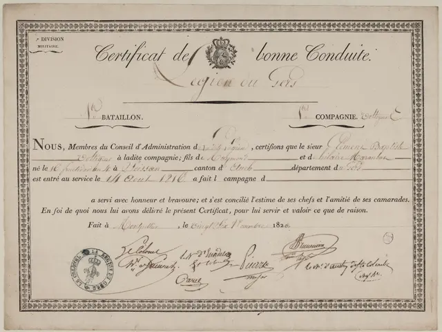 The image shows a certificate issued by the French government of France, with text and a logo on...