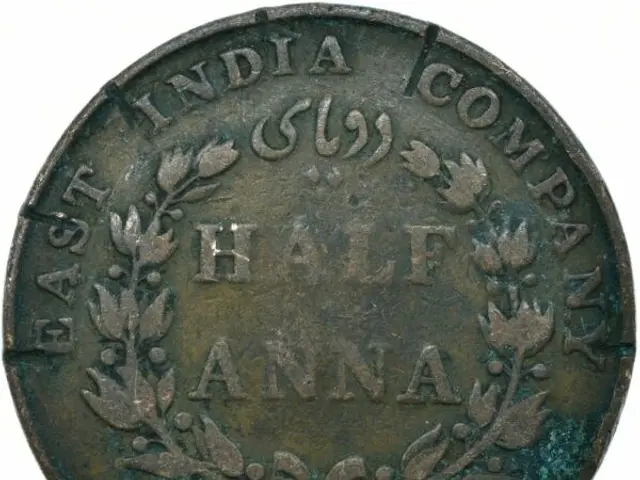 The image shows a copper coin with the words "East India Company" inscribed on it against a white...