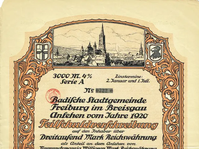 The image shows an old German stock certificate with a picture of a city on it. The certificate has...