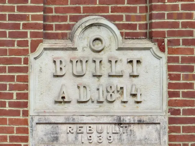 The image shows a brick building with a plaque on the side that reads "Built AD 1874". The plaque...