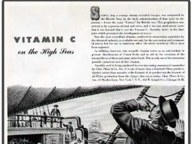The image shows an advertisement for Pfizer Vitamin C on the High Seas, featuring a poster with...