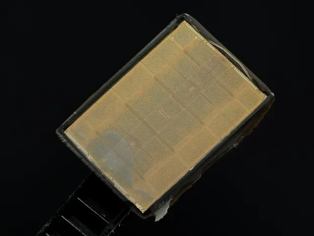 The image shows a close up of a gold-colored semiconductor chip on a black background.