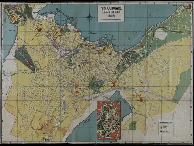 The image shows an old map of Tallinn, Estonia, with a black background. The map is detailed and...
