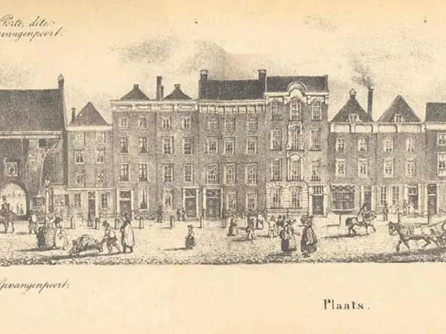 The image shows an old drawing of a city street with buildings, trees, people, carts, and horse...