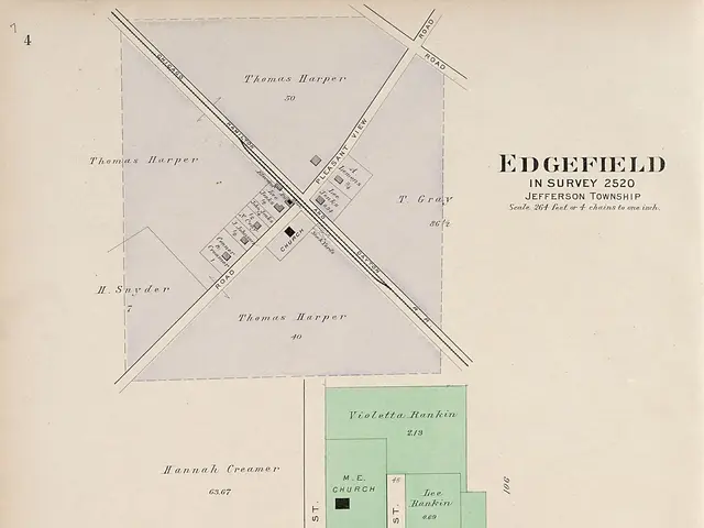 The image shows an old map of the city of West Lancaster, Pennsylvania, with text and a route map....