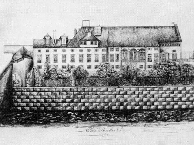 The image shows a black and white drawing of a large building with a wall surrounding it,...