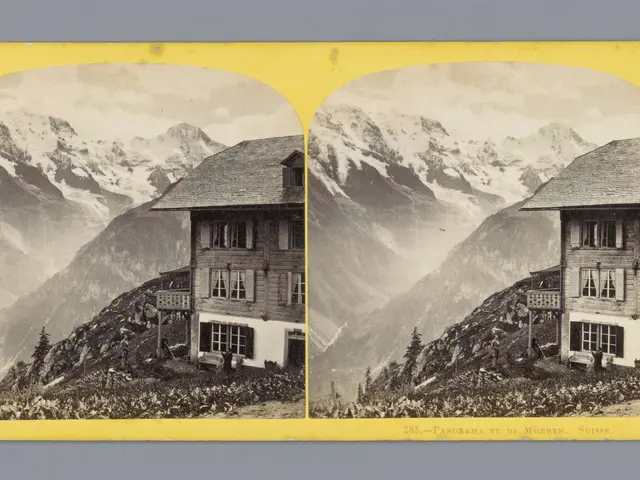The image shows an old black and white photo of a house nestled in the Swiss Alps, surrounded by...