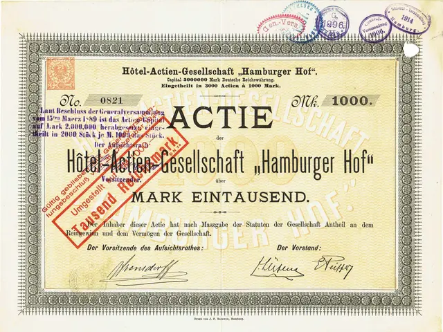 The image shows an old stock certificate with a red stamp on it, which reads "Hotel Actie...