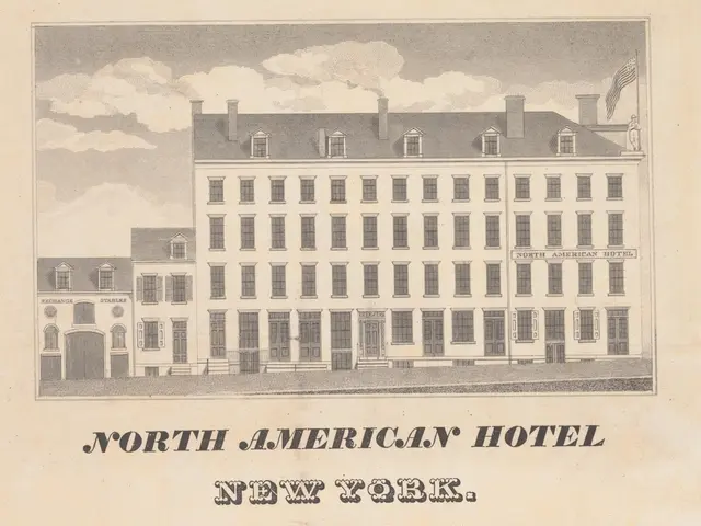 The image shows an old advertisement for the North American Hotel in New York, featuring a picture...