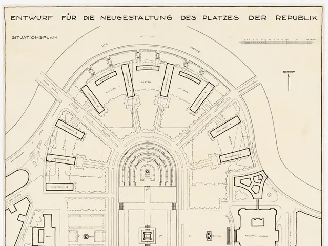 The image shows a plan of the city of Berlin, Germany, with a drawing of a building in the center....
