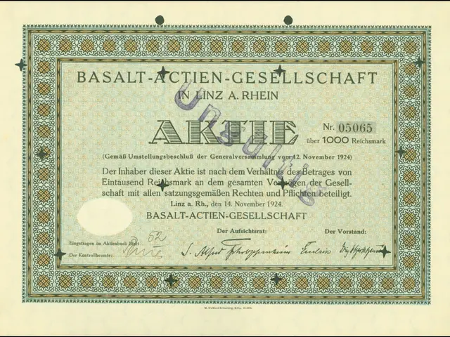 The image shows an old stock certificate issued by the Basalt-Actien-Gesellschaft in Linz, Germany....