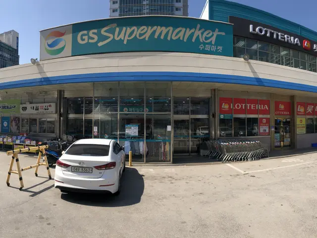 The image shows a car parked in front of a store with a sign that reads "GS Supermarket". There are...