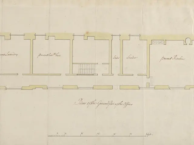 The image shows a drawing of a floor plan of a building with a lot of rooms, including a plan of...