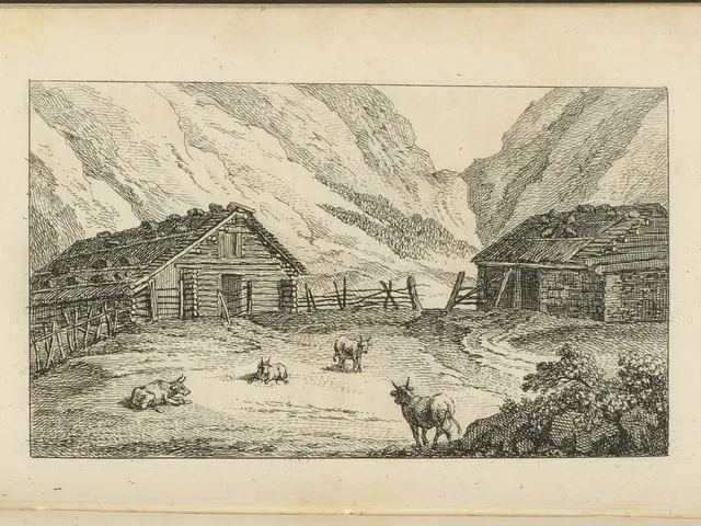 The image shows an open book with a drawing of a farm scene featuring animals, houses, a fence,...