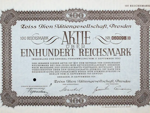 The image shows an old German stock certificate with a black border and text written on it. The...