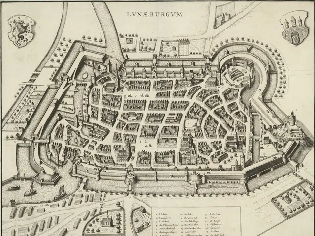 The image shows an old map of the city of London, England, with buildings, roads, and text written...