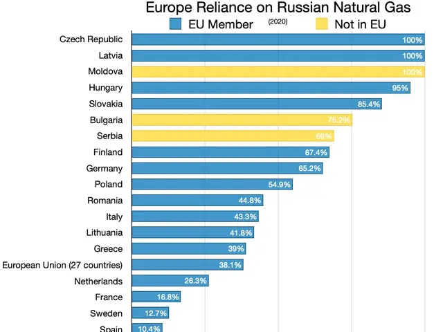 The image shows a chart depicting Europe's reliance on Russian natural gas, with percentages and...