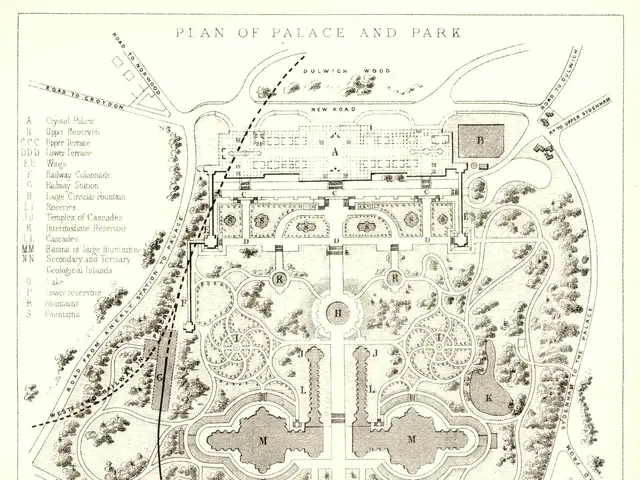 The image shows a plan of the palace and park in London, England. It is a paper with a detailed map...