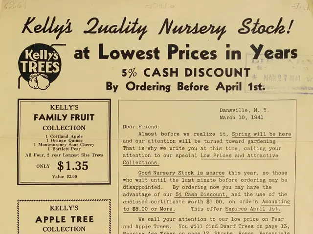 The image shows a paper with text and pictures advertising Kelly's Quality Nursery Stock at lowest...