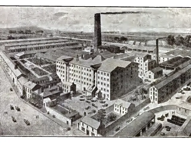 The image shows an old black and white drawing of a factory with many buildings, trees, and...