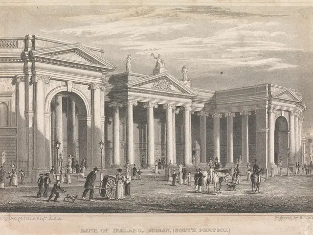 The image shows an engraving of the Bank of Ireland in Dublin, South Portico. It is a black and...
