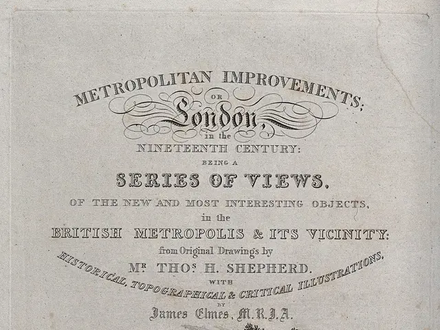 The image shows an old book with a drawing of a cityscape on it, featuring trees, buildings, and...