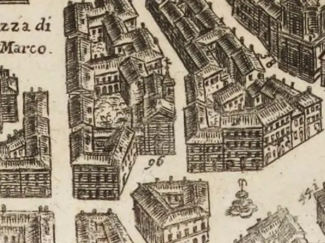 The image shows a drawing of a city with lots of buildings, each with its own unique architecture....