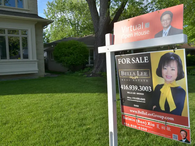 The image shows a real estate for sale sign in front of a house, surrounded by lush green grass,...