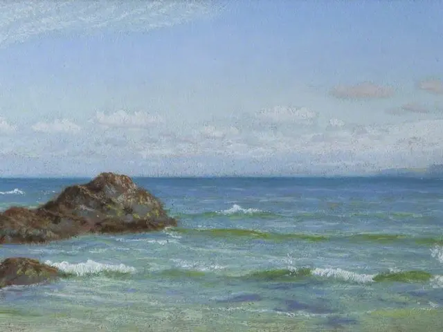 The image shows a painting of a rocky shoreline with waves crashing on the rocks, surrounded by...