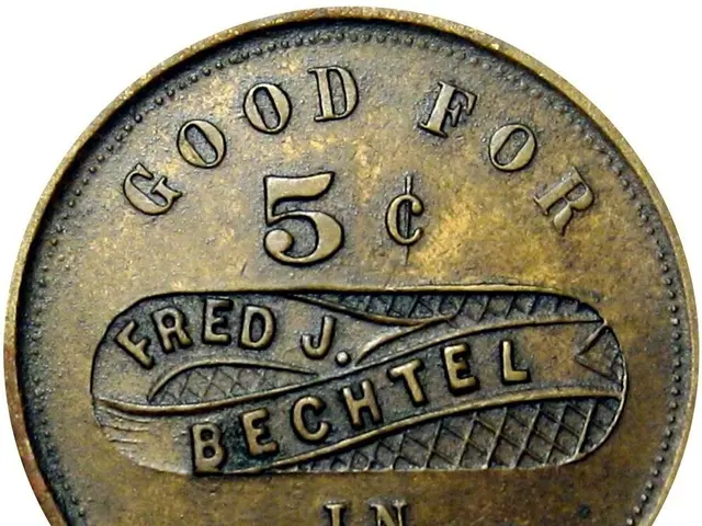 The image shows a gold coin with the words "Good for 5c Fred J. Bechtel in Trade" written on it...