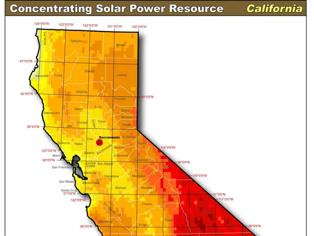 The image shows a map of California with different colors indicating the concentration of solar...
