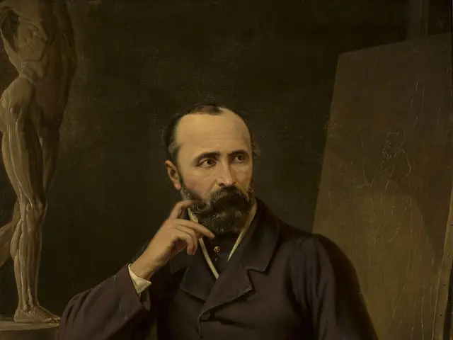 The image shows a painting of a man with a beard and mustache, holding a palette in one hand and a...
