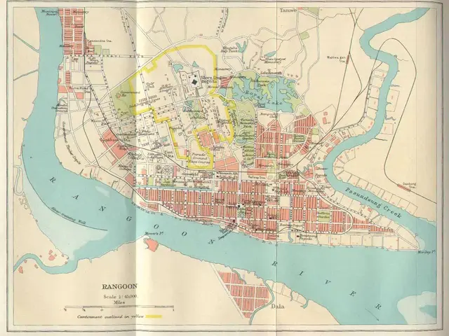 The image shows an old map of the city of Bangkok, Thailand, with text at the top and bottom of the...