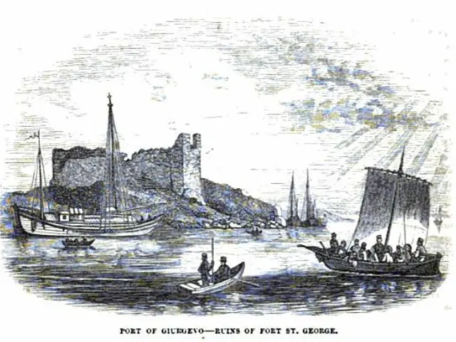 The image shows a drawing of boats in the water near a castle, with people in the boats and a hill...