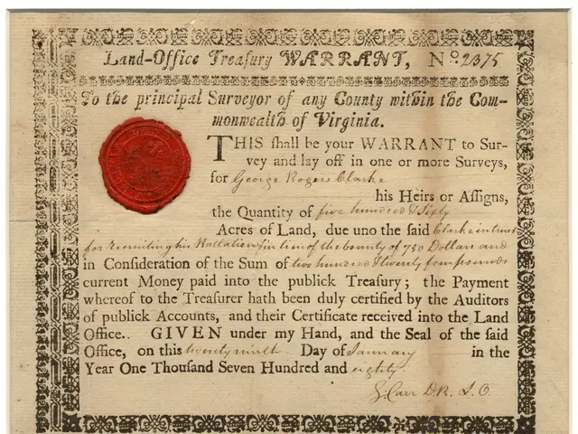 The image shows an old document with a red wax seal on it. The document appears to be a land-office...