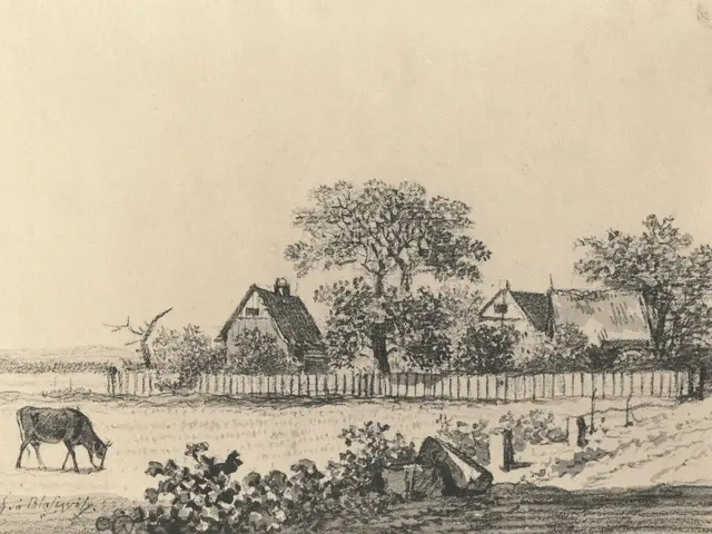 The image shows a drawing of a farm with a cow grazing in the foreground, surrounded by plants,...