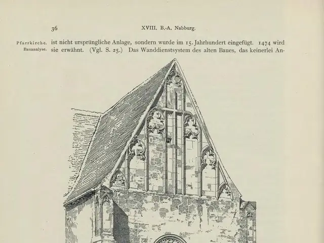 The image shows an old book with a drawing of a church on it. The building is depicted in detail,...