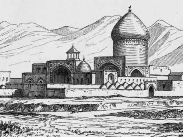 The image shows a black and white drawing of a building in the middle of a field, surrounded by...