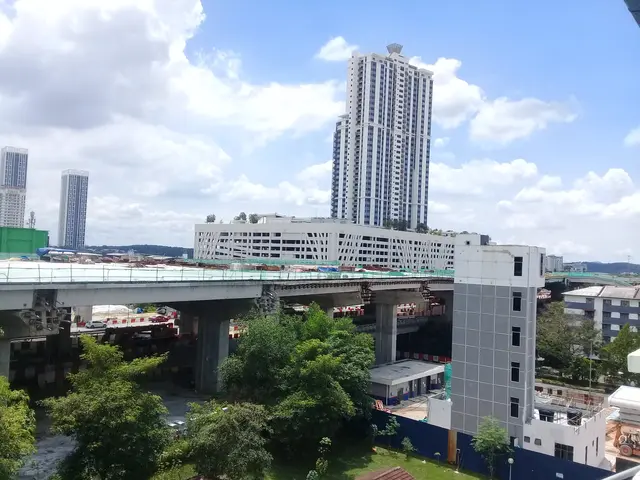 The image shows a view of a city from the top of a building, with buildings, trees, grass, vehicles...