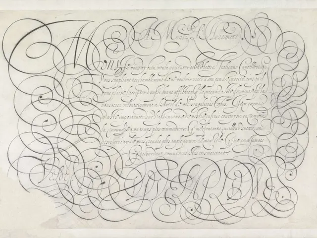 The image shows a page from a book with a black and white drawing of a calligraphic design on it....