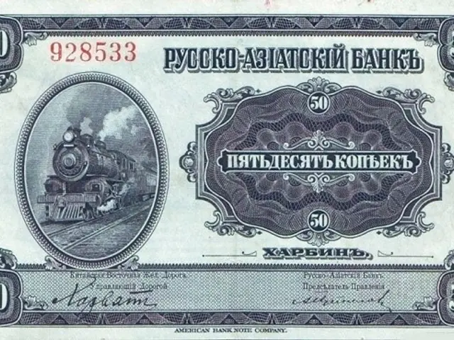 The image shows an old Russian banknote with a picture of a train on it. The banknote is from the...