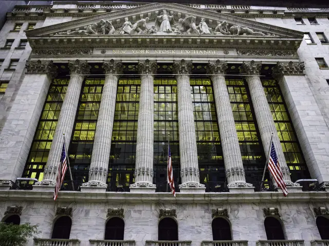 The image shows the New York Stock Exchange building in the Financial District of Manhattan. It is...